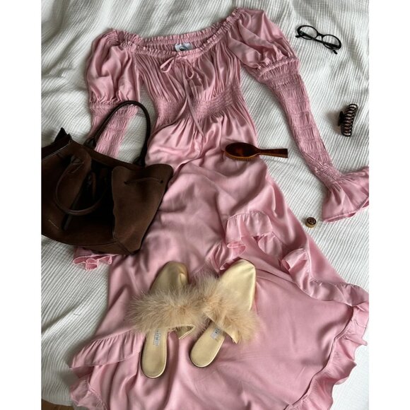 Sleeper Juliette Off Shoulder Smocked Midi Dress L Fairy Pink Shirred NEW $370 - Picture 6 of 14